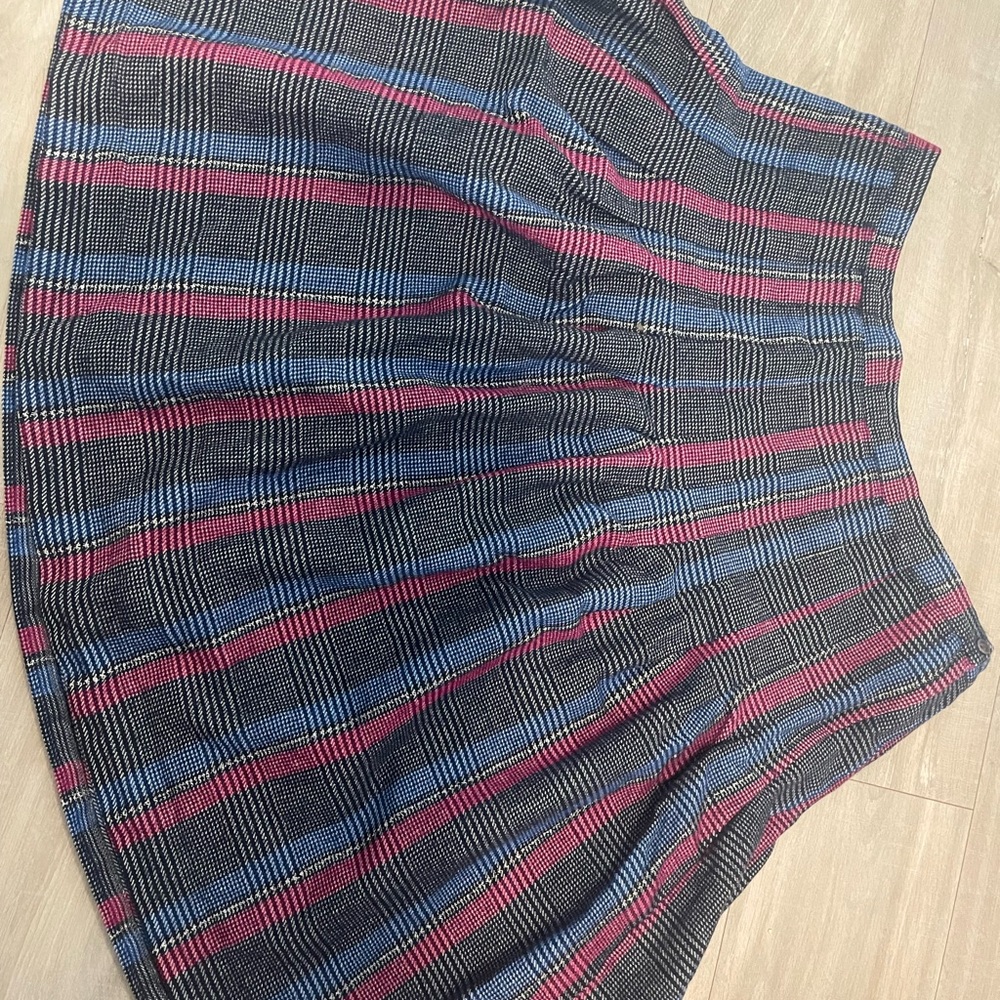 100% Wool Plaid A-Line Skirt - Black, Blue, and Pink